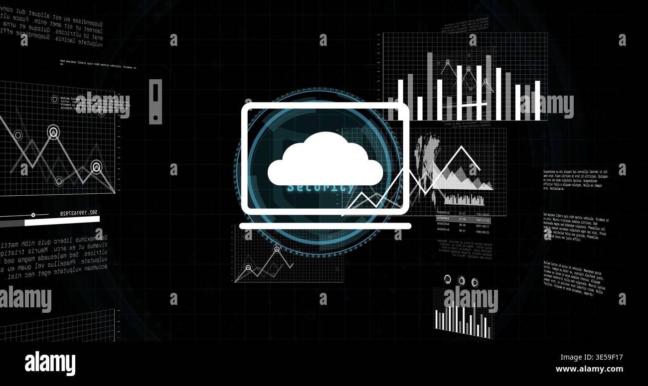 Displaying centered stylized laptop cloud icon routing data on dark grid dashboard, showing HUD Stock Photo