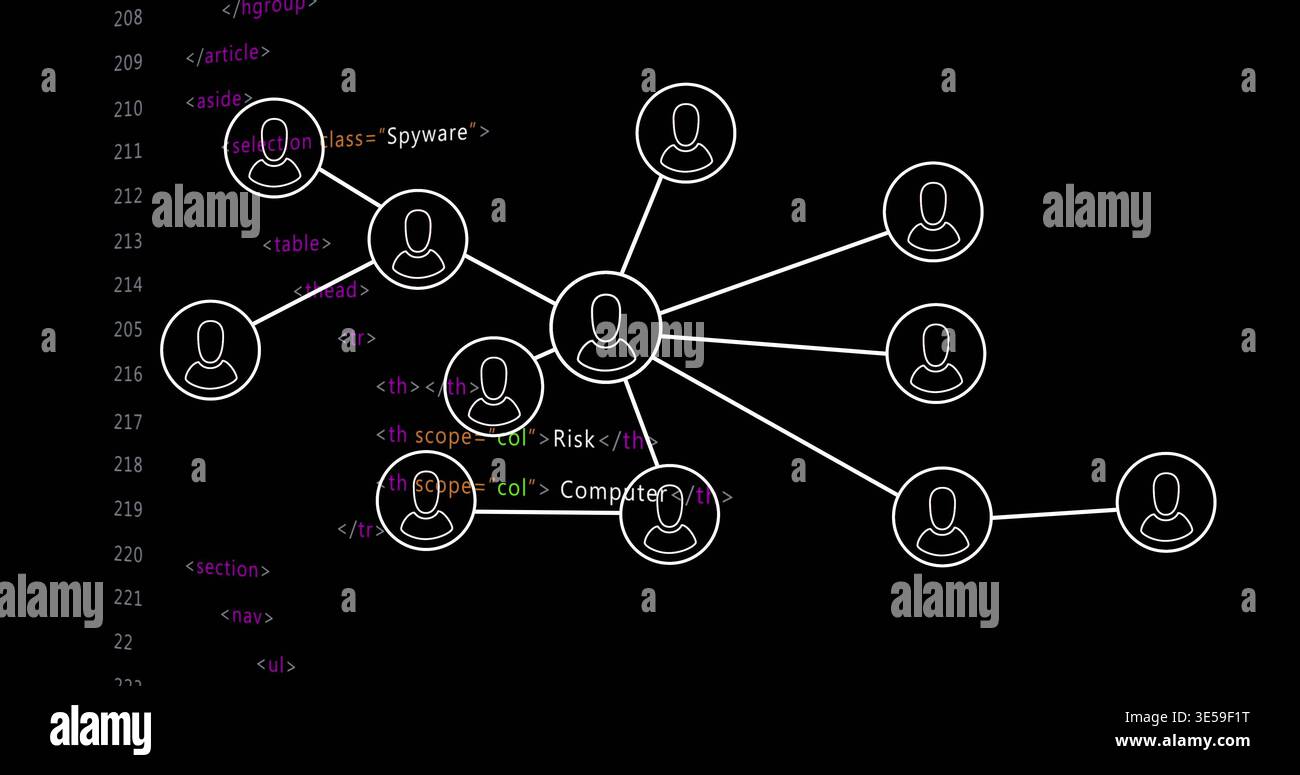 Displaying central hub node connecting peripheral avatar nodes on black screen, code backdrop Stock Photo