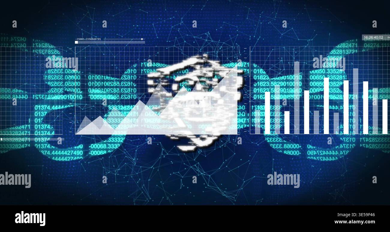 Displaying central handshake emblem on HUD, showing triangular area chart, bar charts, code streams Stock Photo