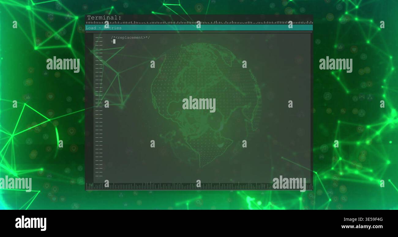Displaying centered terminal window hovering over neon grid, with teal header, globe cursor Stock Photo
