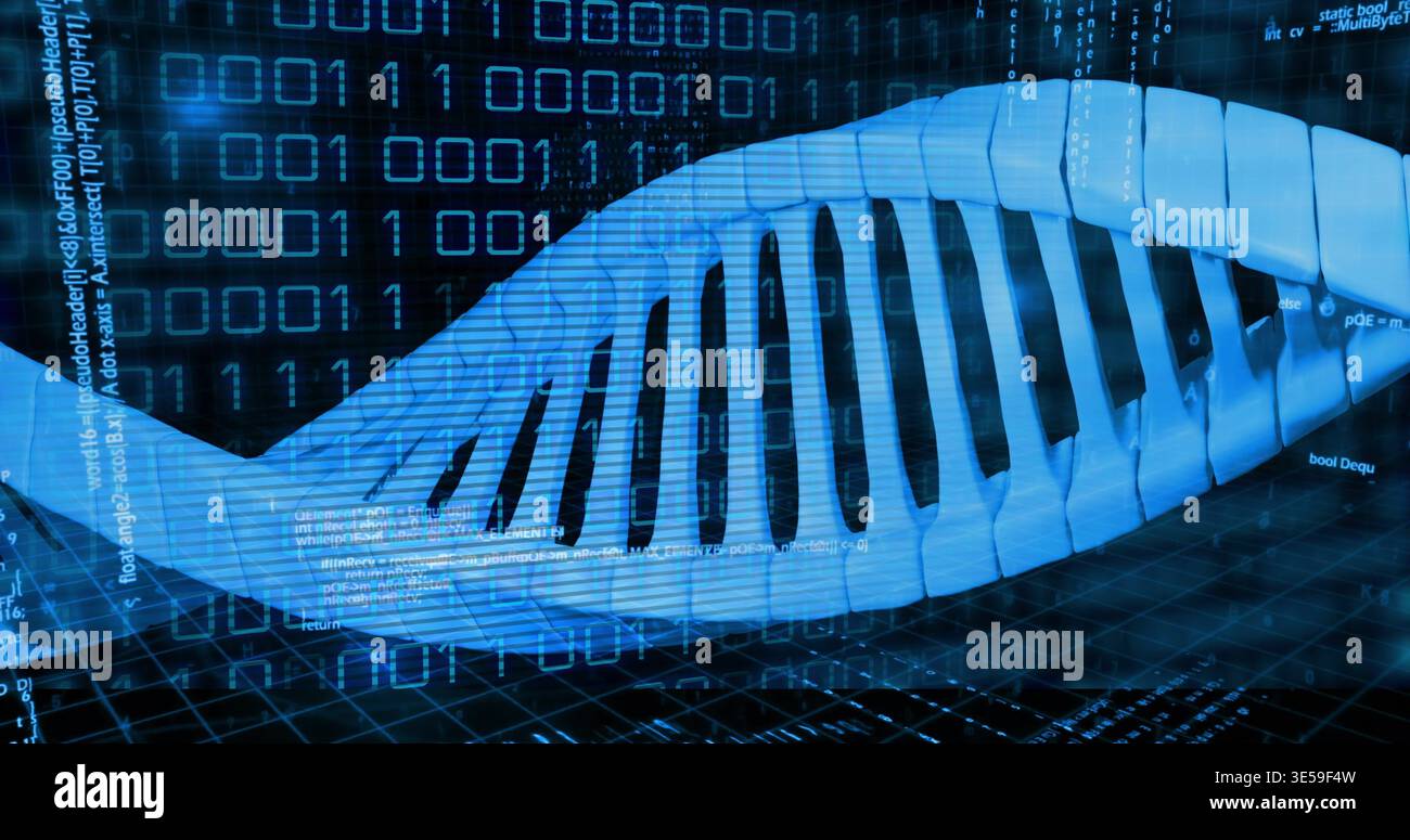 Glowing stylized 3D DNA double helix twisting through virtual lab space, with binary code Stock Photo