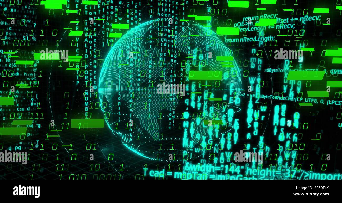 Rotating 3D point-cloud globe hovering in virtual data field, showing binary streams and green bars Stock Photo