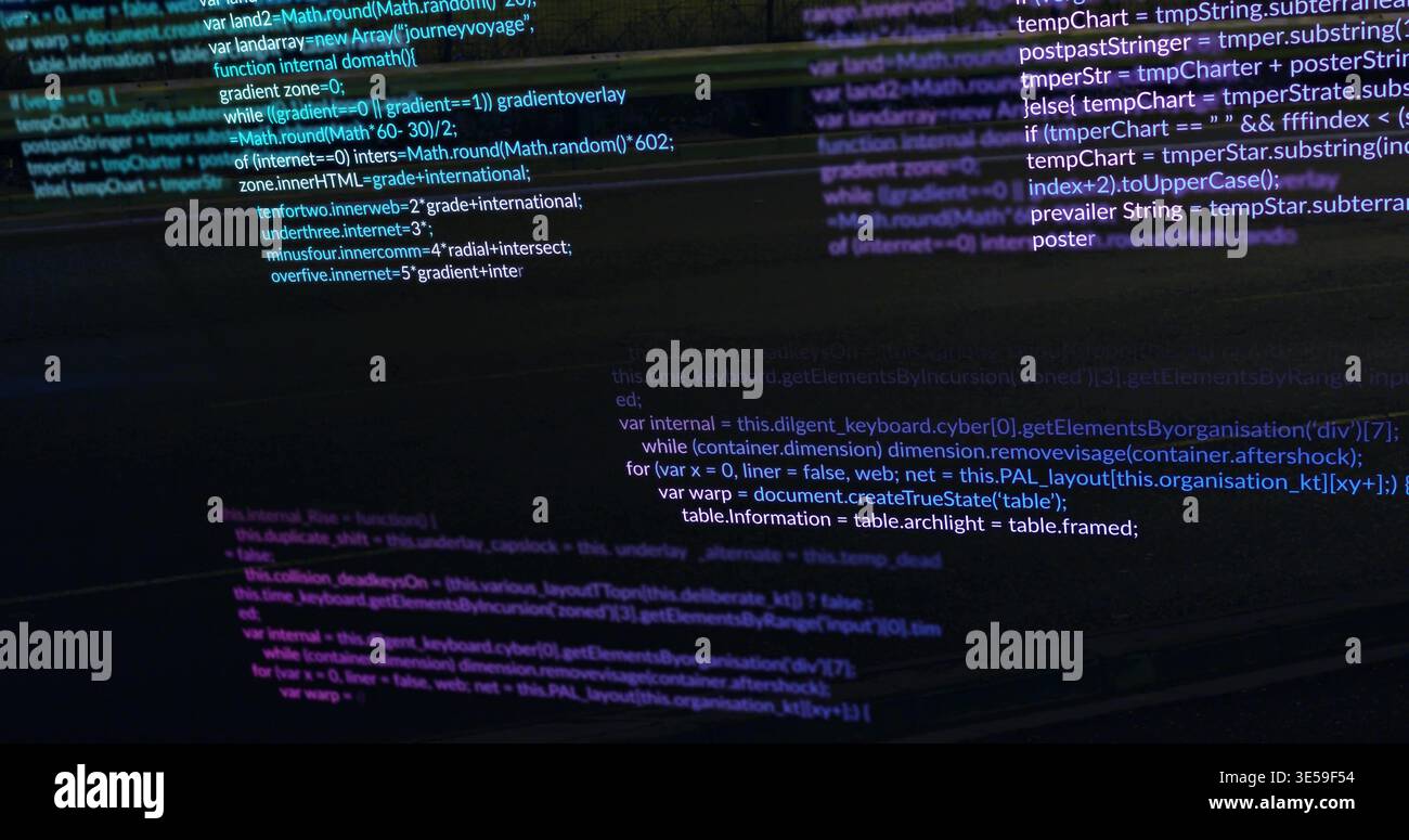 Displaying syntax-colored JavaScript code on widescreen monitor in dim studio, with neon scanlines Stock Photo