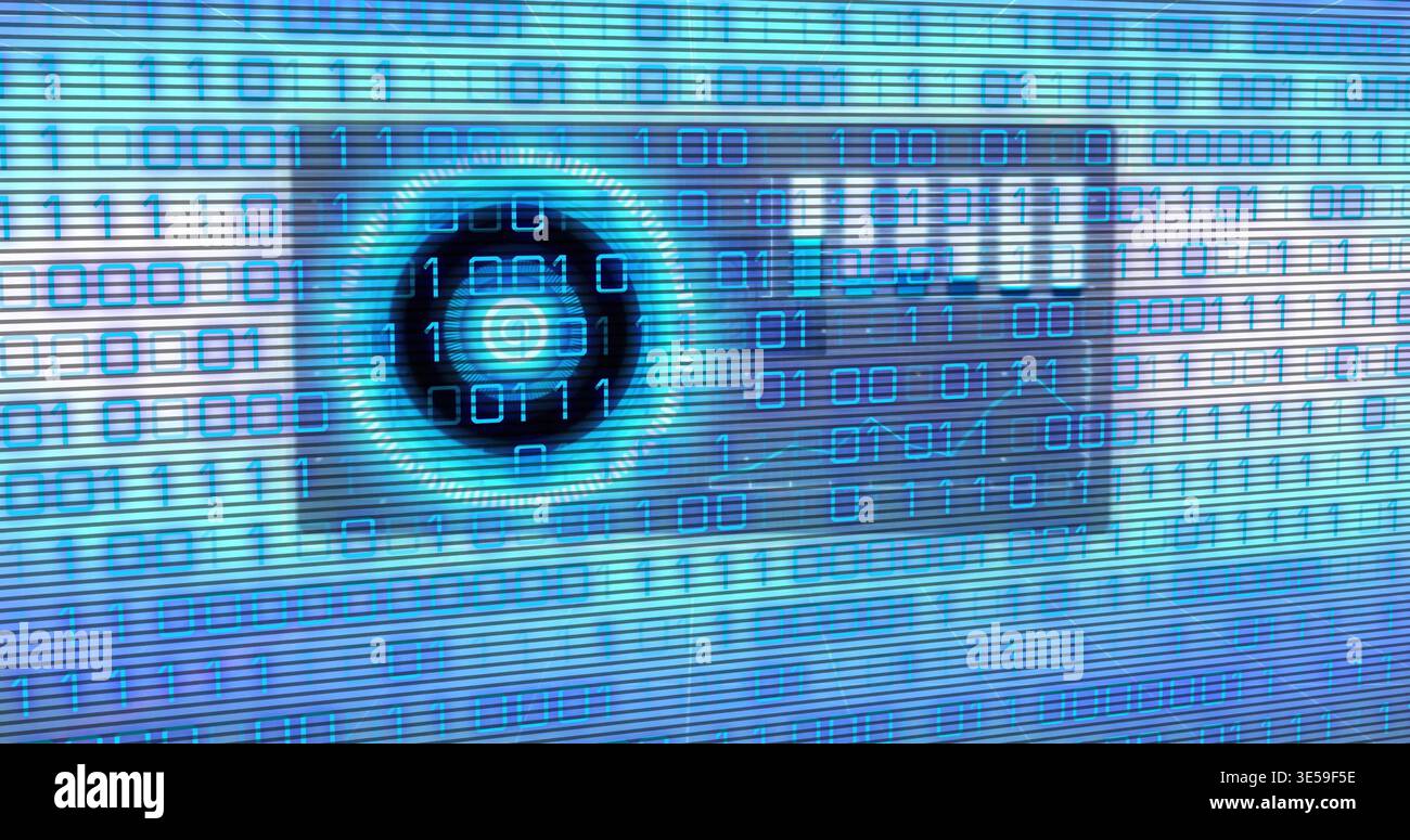 Pulsing camera lens centered on cybersecurity dashboard, showing cyan ring, binary and scan lines Stock Photo