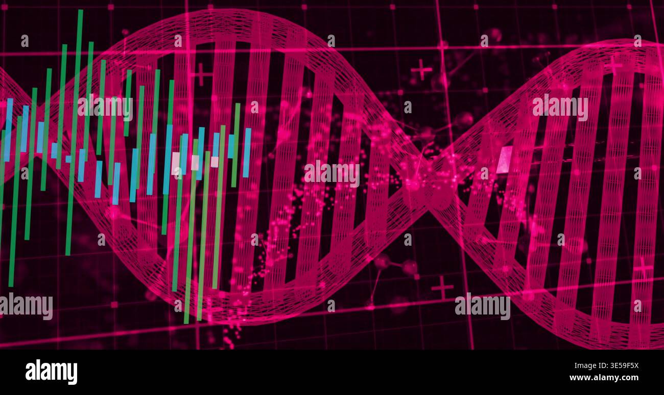 Displaying magenta double helix DNA graphic spanning dark grid interface, showing candlestick chart Stock Photo