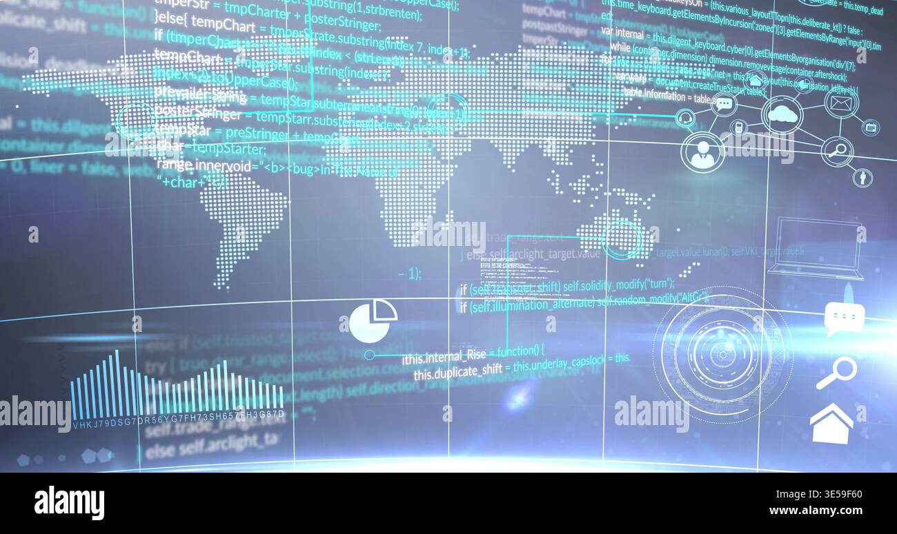 Displaying centered world map streaming code with bar and pie chart icons in virtual dashboard Stock Photo