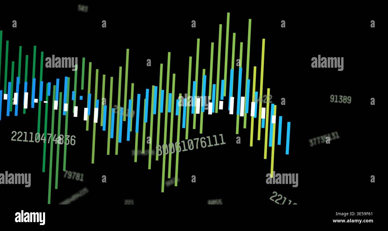 Displaying colored vertical bars pulsing on dark display with thin white baseline, floating digits Stock Photo