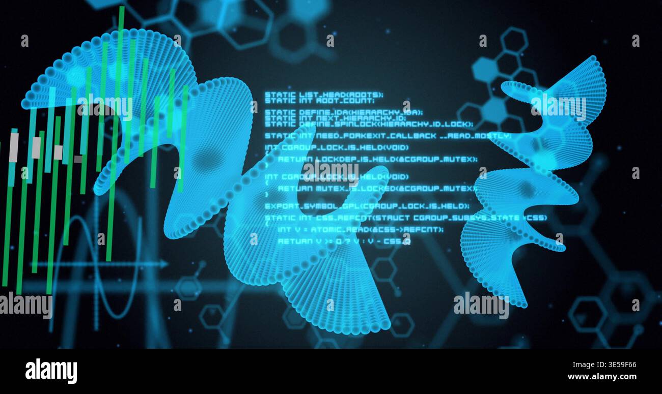Rotating turquoise helical ribbon dominating digital interface, displaying code and green bar Stock Photo