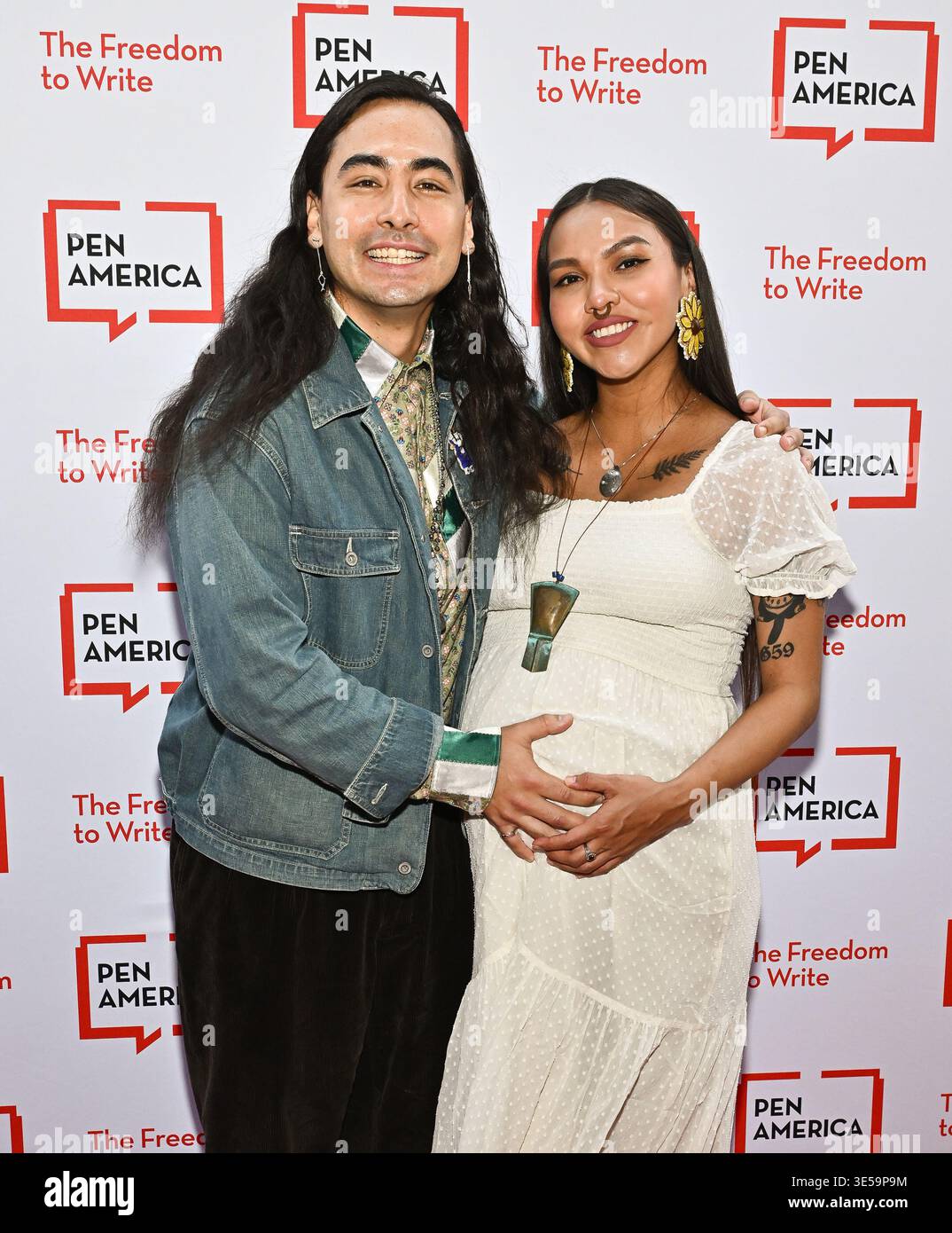 Julian Brave NoiseCat, left, and Joan Scarff attend the PEN America ...