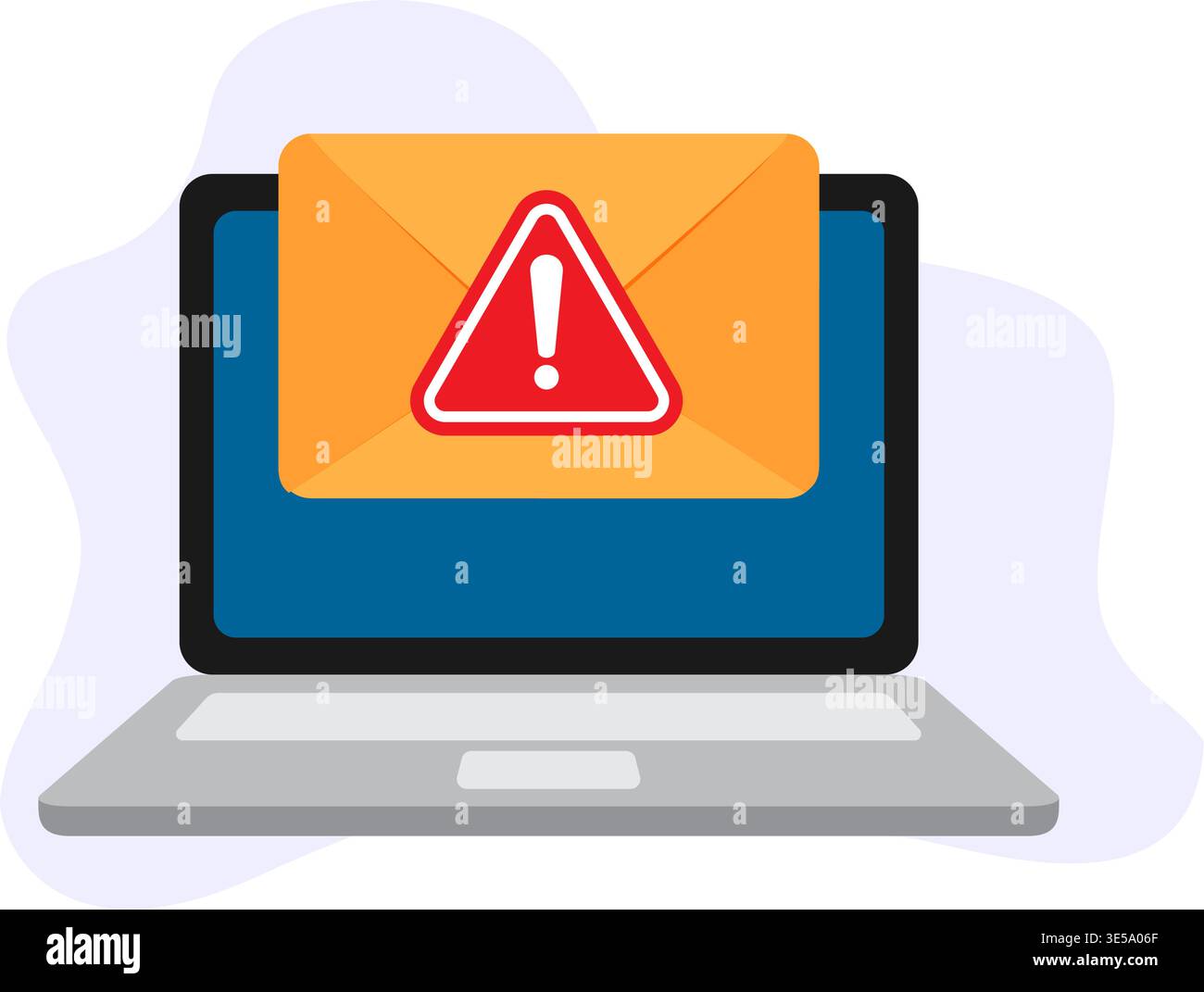 A vector illustration of a laptop showing a dangerous email notification with a red warning triangle alert symbol. Stock Illustration. Stock Vector