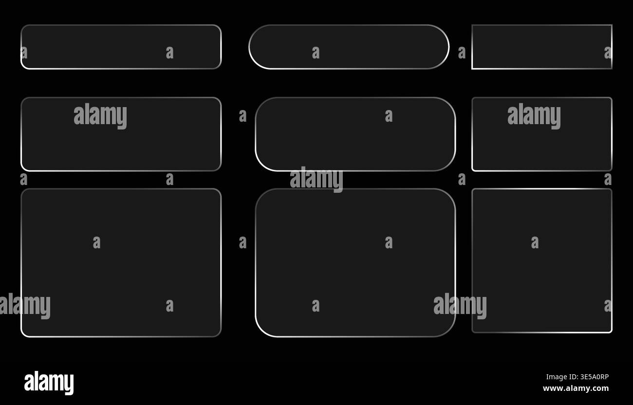 Glass liquid UI button set with transparent 3D effect, glossy rectangle frame elements in various sizes for modern interface on dark background Stock Vector