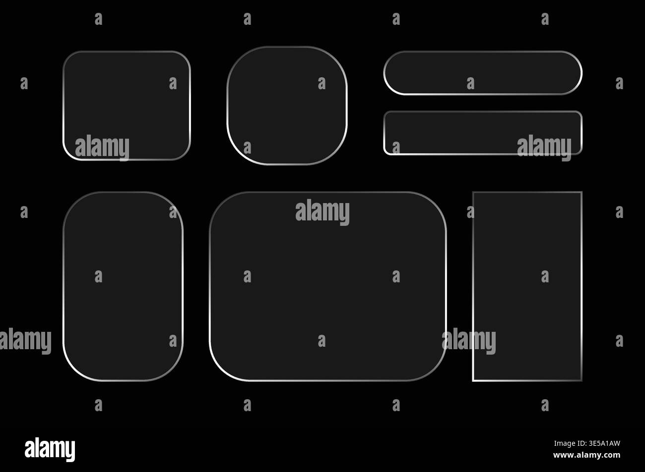 Glass liquid UI button set with transparent 3D effect, glossy rectangle frame elements in various sizes for modern interface on dark background Stock Vector