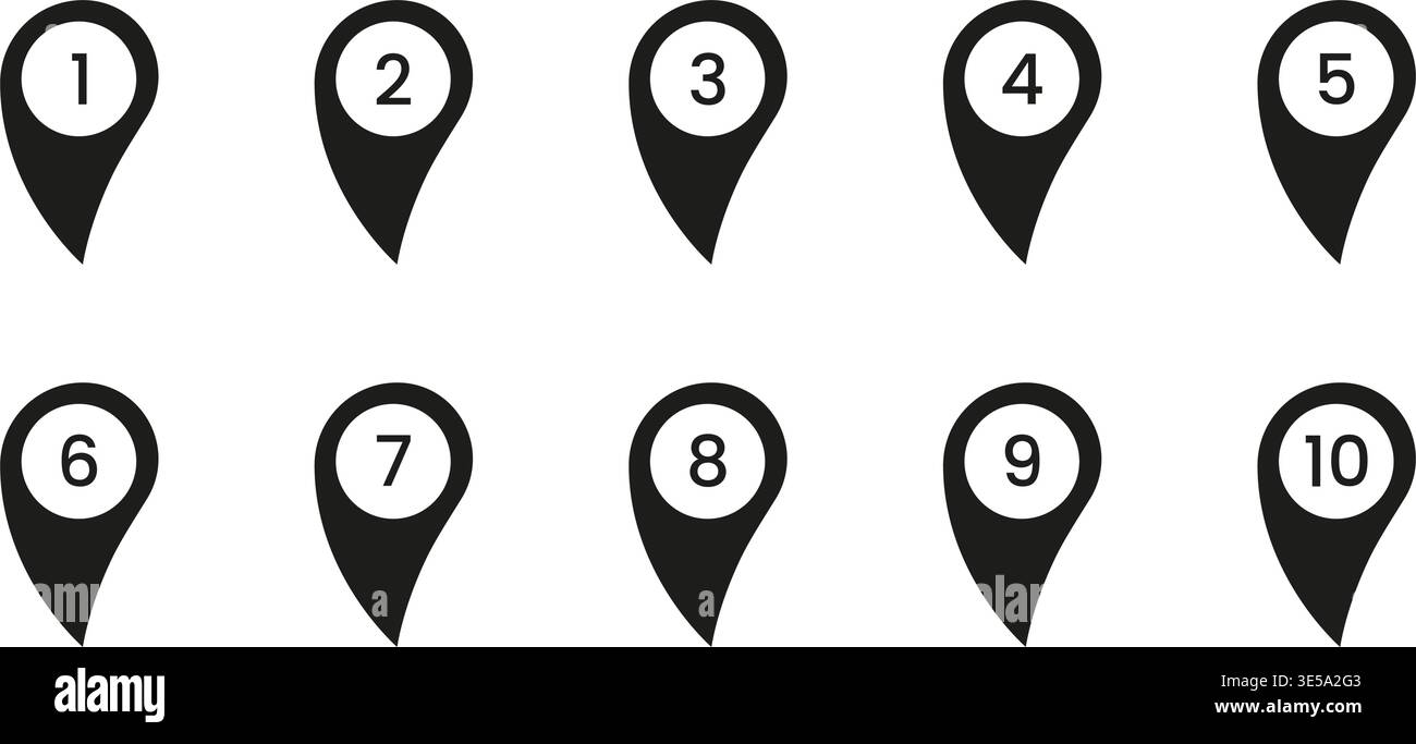 Black Numbered Location Pin Solid Icon Set. Sequential Map Marker Silhouette Symbol Collection. Navigation, Geolocation, And Wayfinding Design Stock Vector