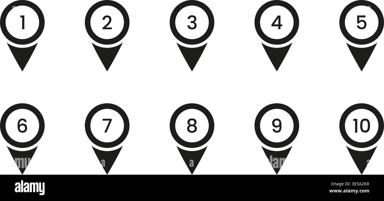 Black Numbered Location Pin Solid Icon Set. Sequential Map Marker Silhouette Symbol Collection. Navigation, Geolocation, And Wayfinding Design Stock Vector