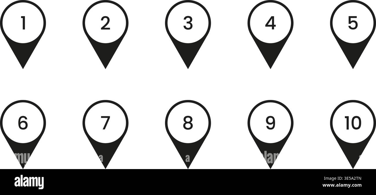 Black Numbered Location Pin Solid Icon Set. Sequential Map Marker Silhouette Symbol Collection. Navigation, Geolocation, And Wayfinding Design Stock Vector
