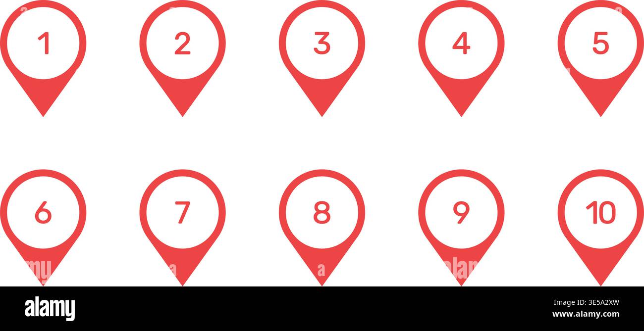 Numbered Location Pin Solid Icon Set. Sequential Navigation, Route Planning, And Geolocation Markers Silhouette Symbol Collection. Map Pointer With Stock Vector