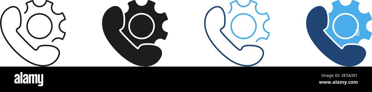 Phone With Gear Solid Icon Set. Customer Support, Technical Assistance, And Service Configuration Silhouette Symbol Collection. Communication And Stock Vector
