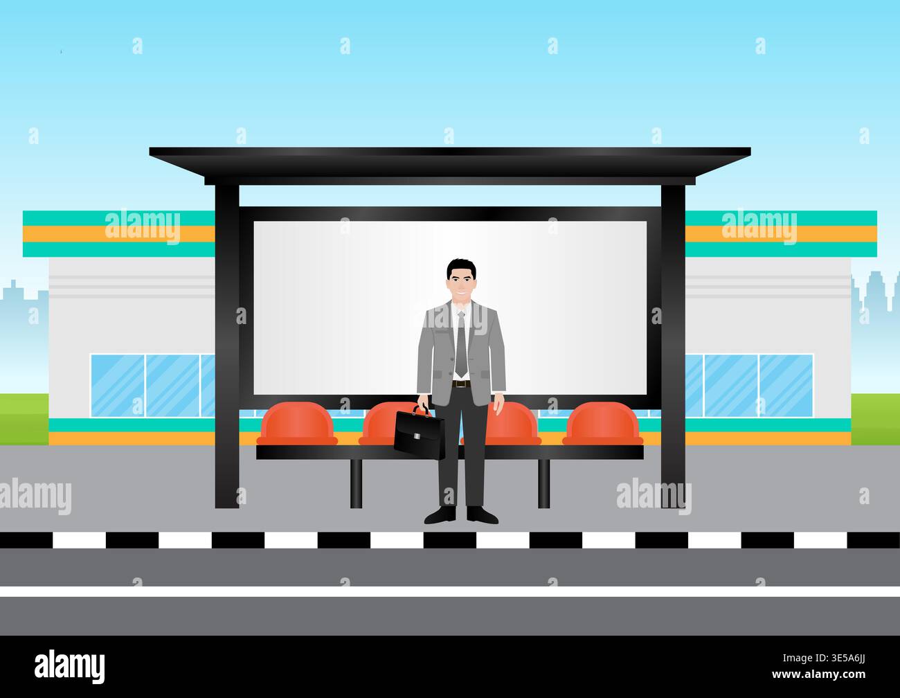 Man Waiting for Public Transport at Bus Stop or Bus Station. Vector ...