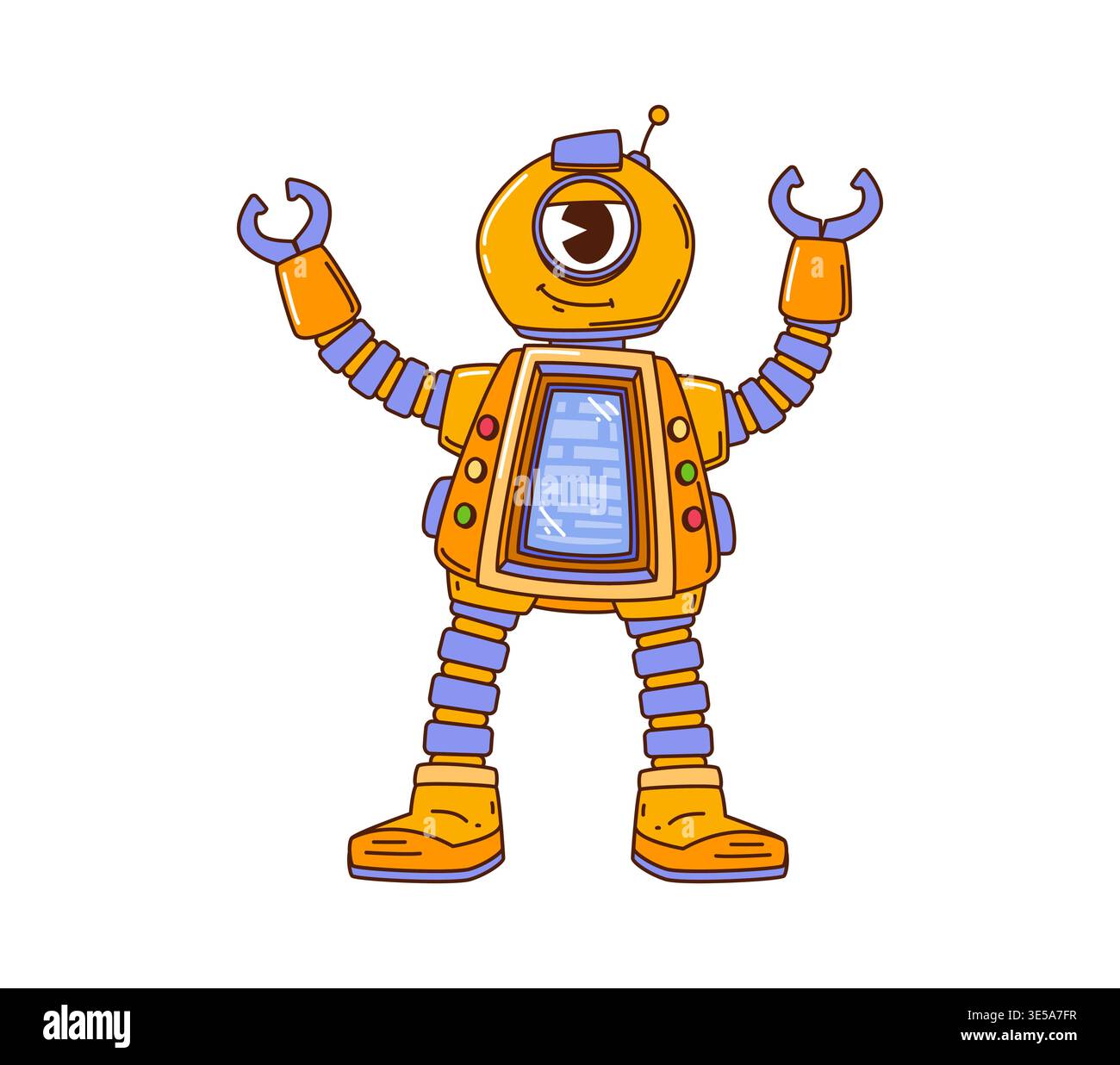 Cartoon groovy hippie robot cyclops character Stock Vector