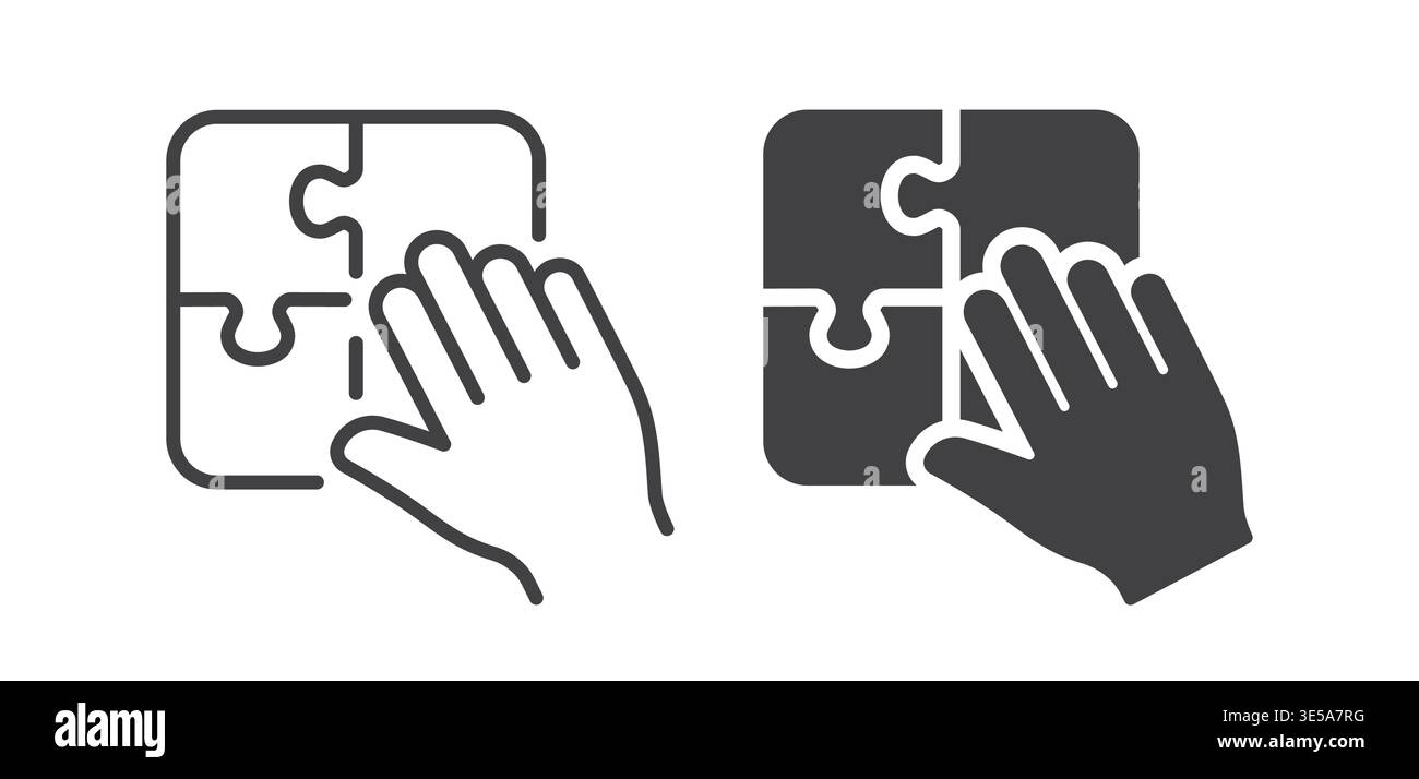 Hand placing puzzle piece icon in outline and solid filled vector styles. Representing problem solving, solution search, and logical thinking. Stock Vector