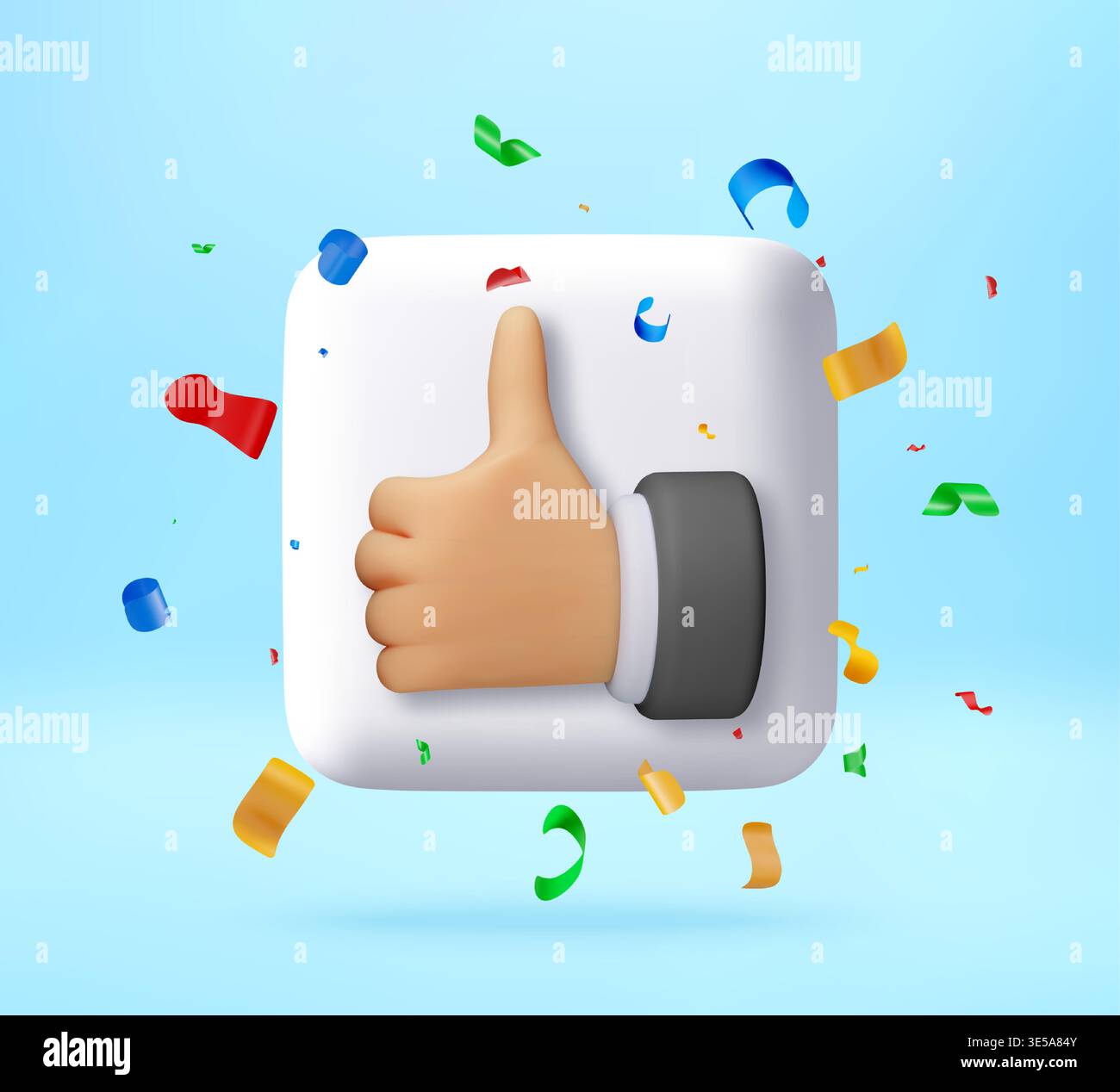 3D Thumb up gesture button with colorful confetti. Stock Vector