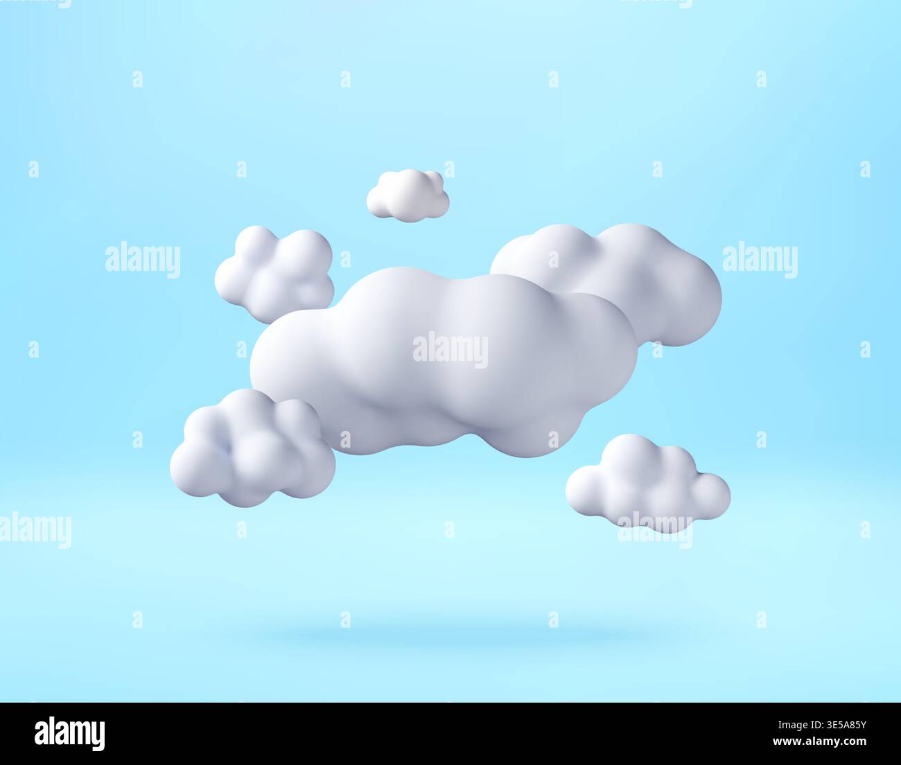 3D White puffy clouds floating in blue sky. Stock Vector