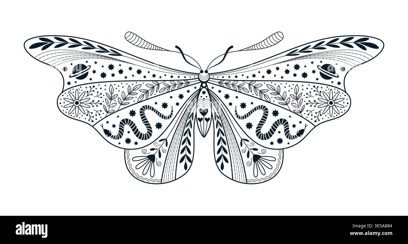 Mystic celestial moth night bug tattoo or print Stock Vector