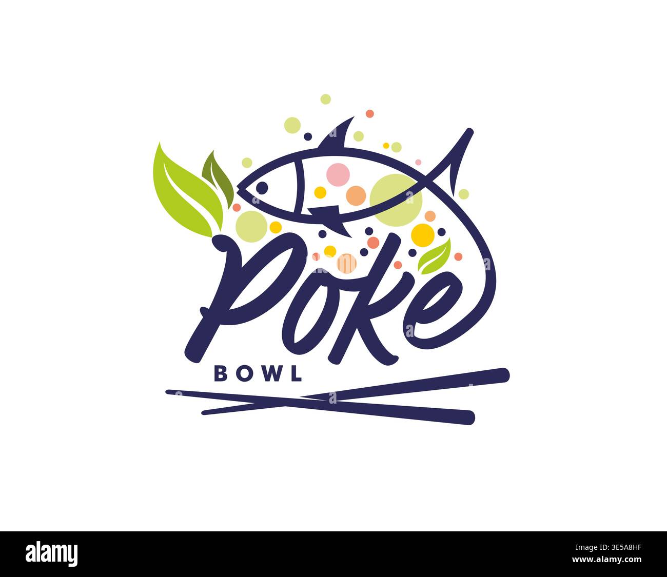 Poke bowl icon with fish outline and leaf elements Stock Vector