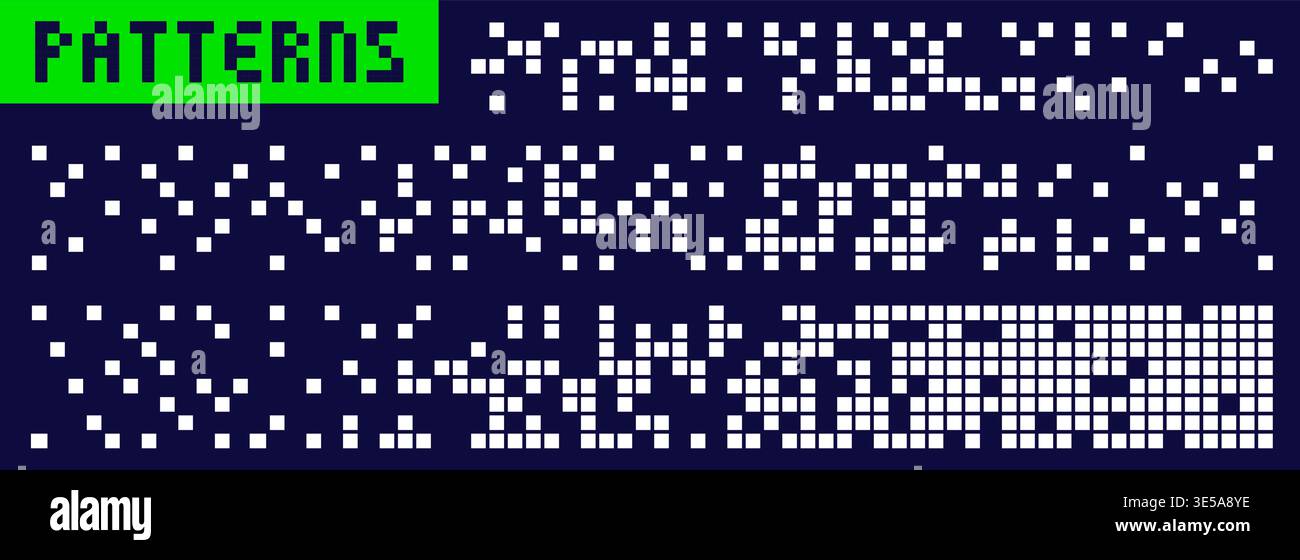 Three pixel art white dot scattered patterns. Stock Vector