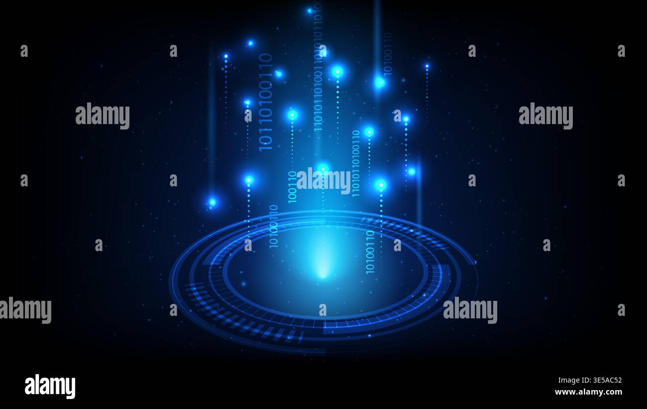 Digital HUD circle with falling binary code numbers and glowing blue lights, Data transfer technology concept Stock Vector