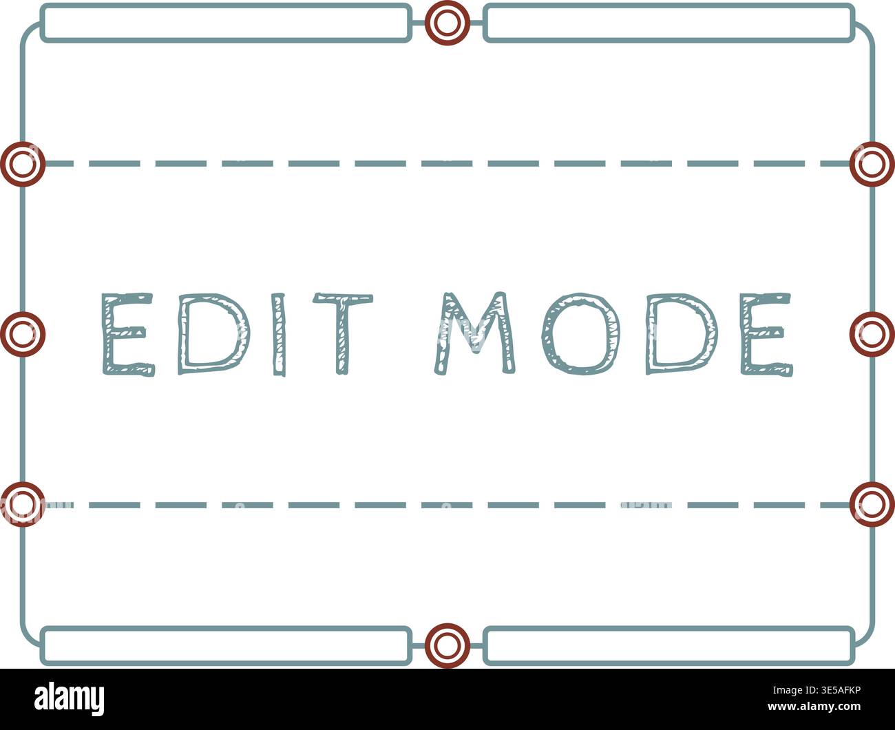 Technical style interface frame featuring edit mode text centered inside a bordered panel with stitched guide lines and circular anchor points. Stock Vector