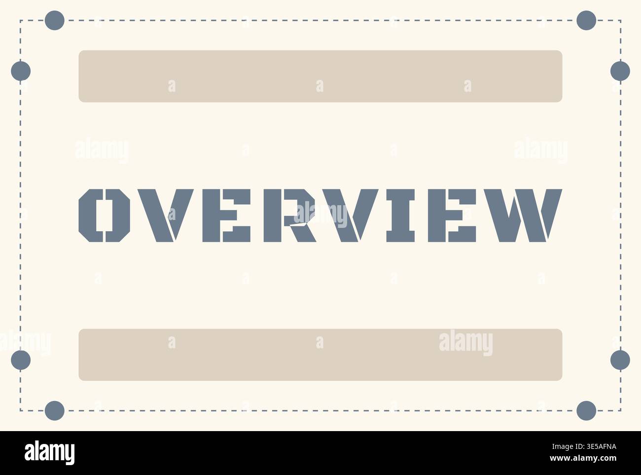 Structured rectangular panel featuring overview text centered inside a layout with dashed border lines guide dots and horizontal placeholder bars. Stock Vector