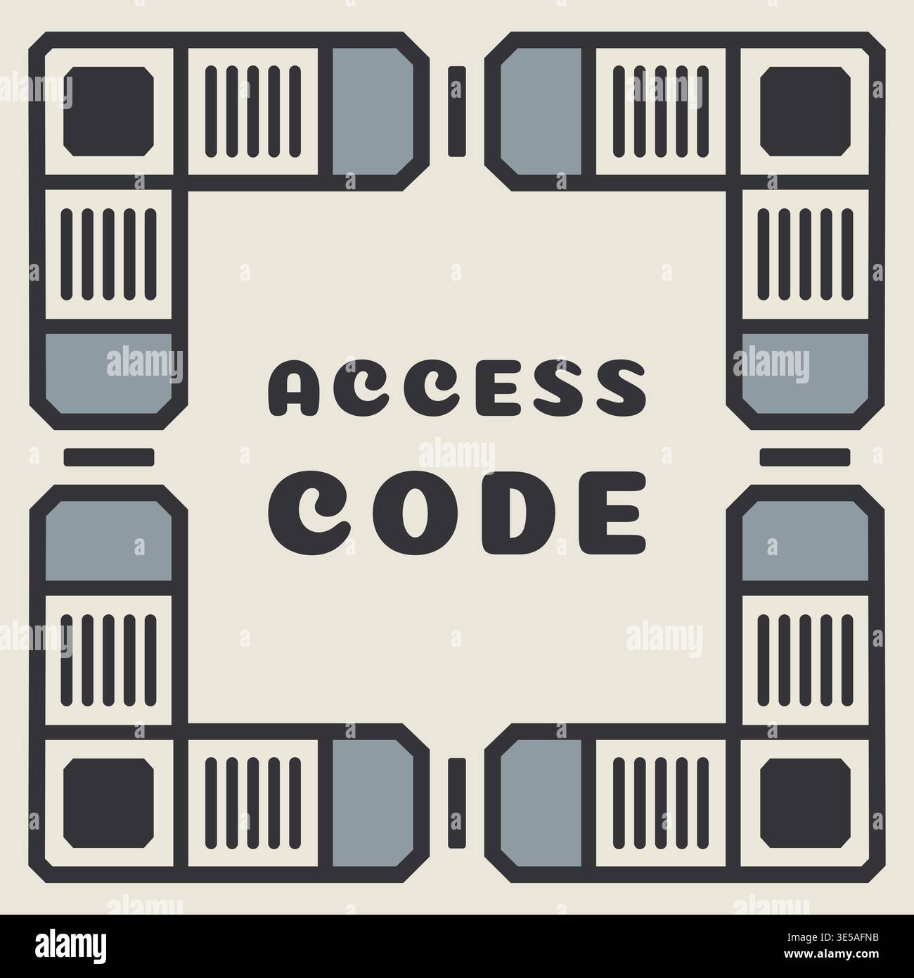 Structured square panel featuring access code text centered within a geometric frame made of technical corner modules and mechanical border elements. Stock Vector