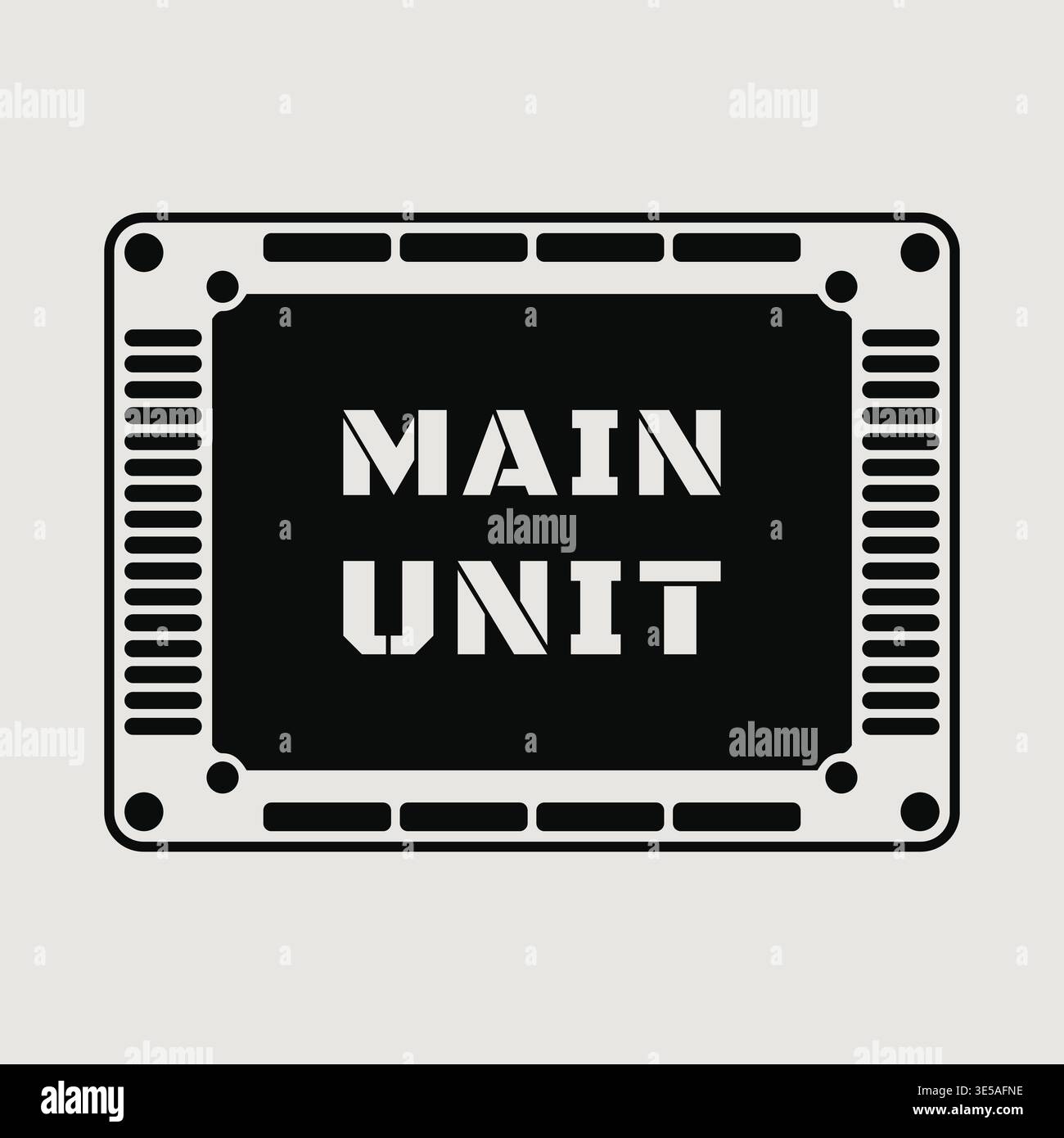 Bold square panel featuring main unit text centered inside a dark microchip style frame with circuit inspired border details and corner nodes. Stock Vector