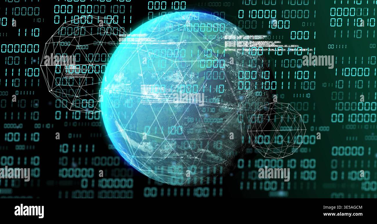 Rotating stylized globe with wireframe mesh in virtual data visualization, streaming binary code Stock Photo