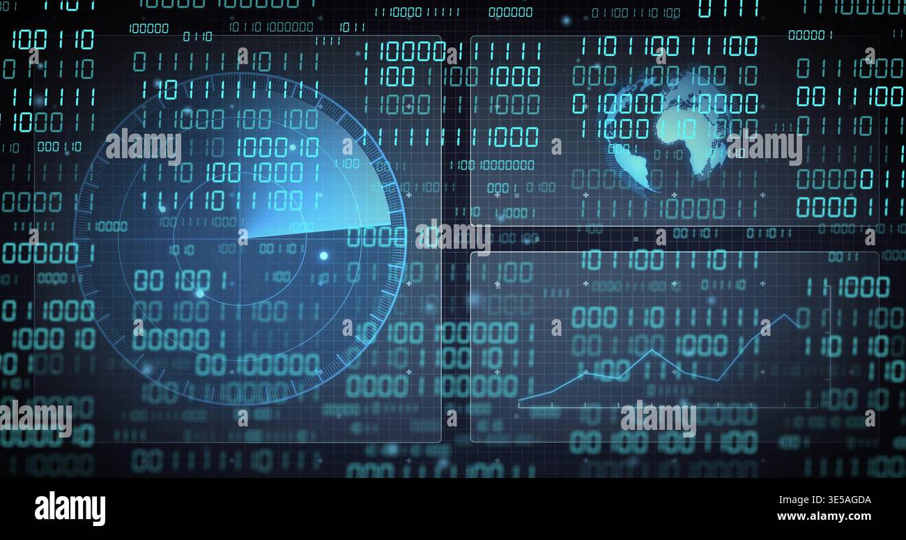 Scanning radar gauge left on dashboard, displaying binary digits, world map and line chart panels Stock Photo
