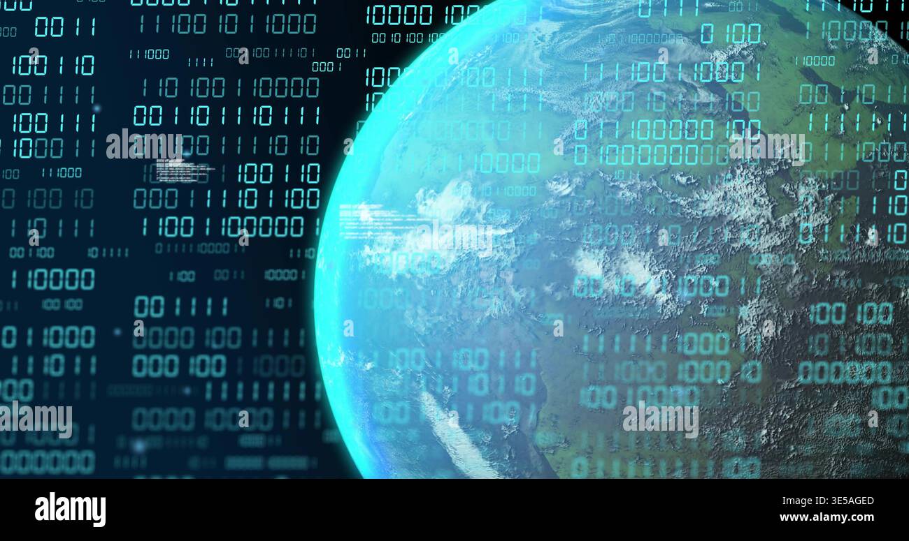 Displaying globe showing clouds and binary code overlay with HUD panels in virtual space, cyan glow Stock Photo