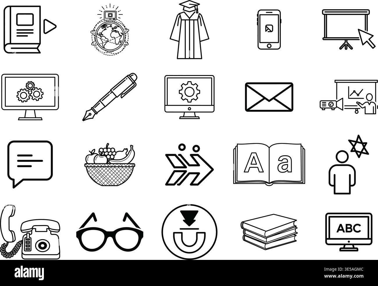 A collection of simple line drawings of common symbols and objects ...