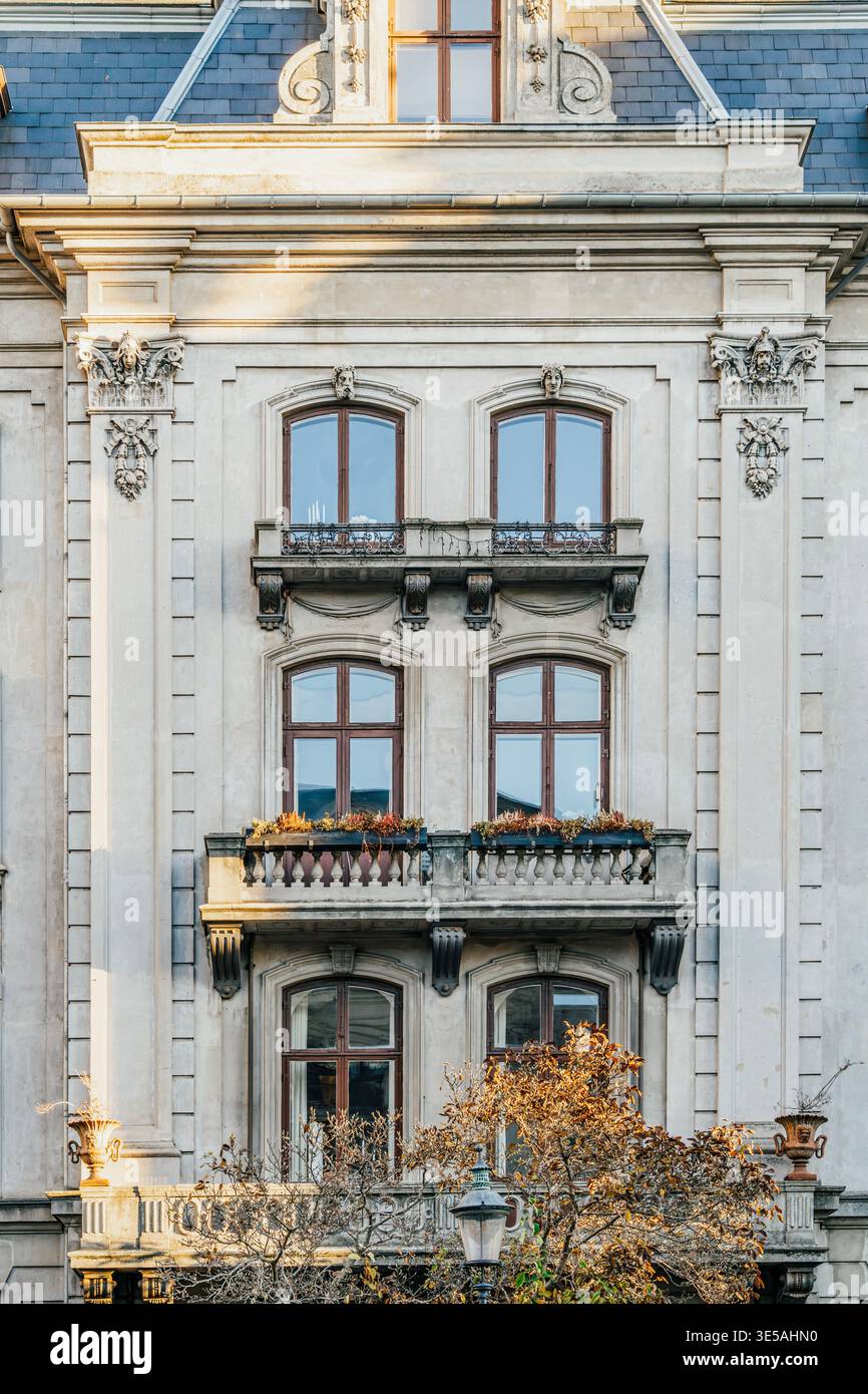 Ornate Historic Building Facade with Balconies, Copenhagen, Denmark Stock Photo