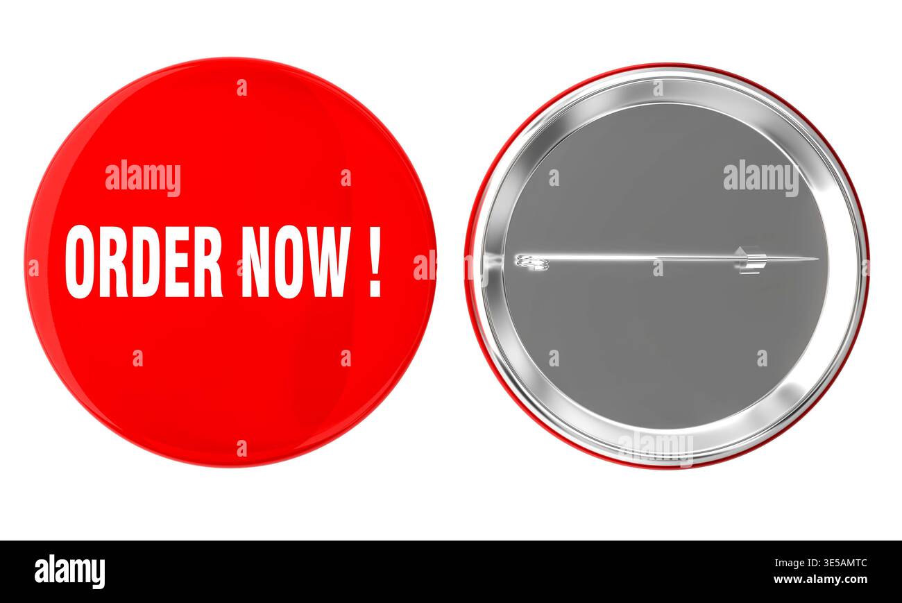 3d Red order now button pin isolated Stock Photo