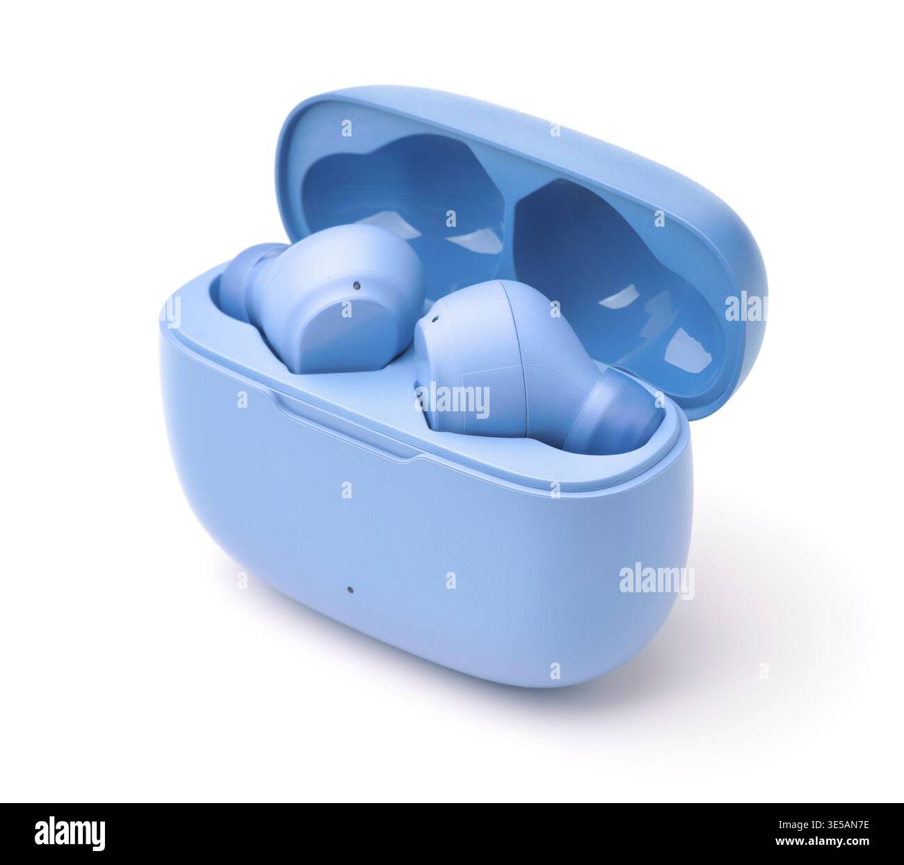 Pair of blue true wireless earbuds in charging case isolated on white Stock Photo