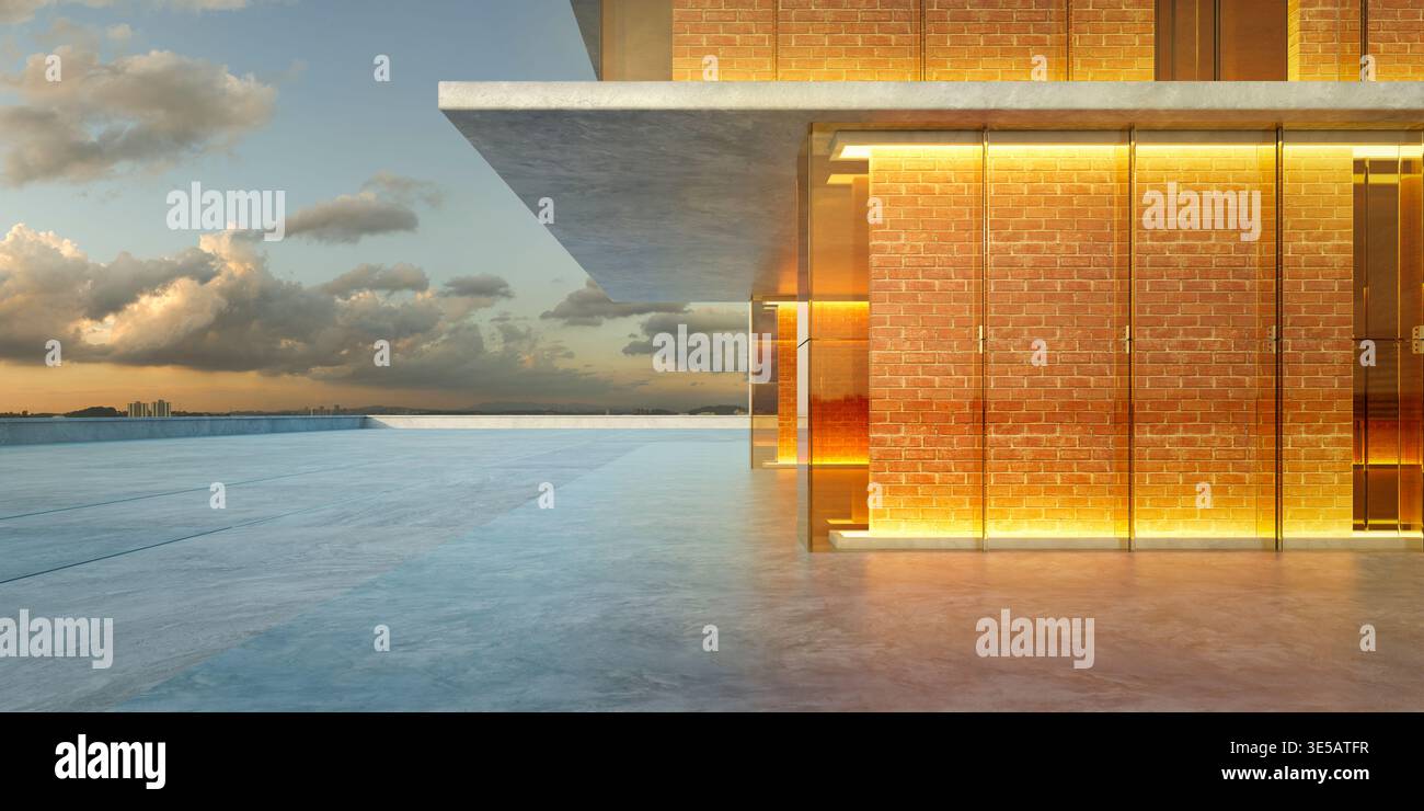 Modern building with brick walls and illuminated glass reflecting the ...