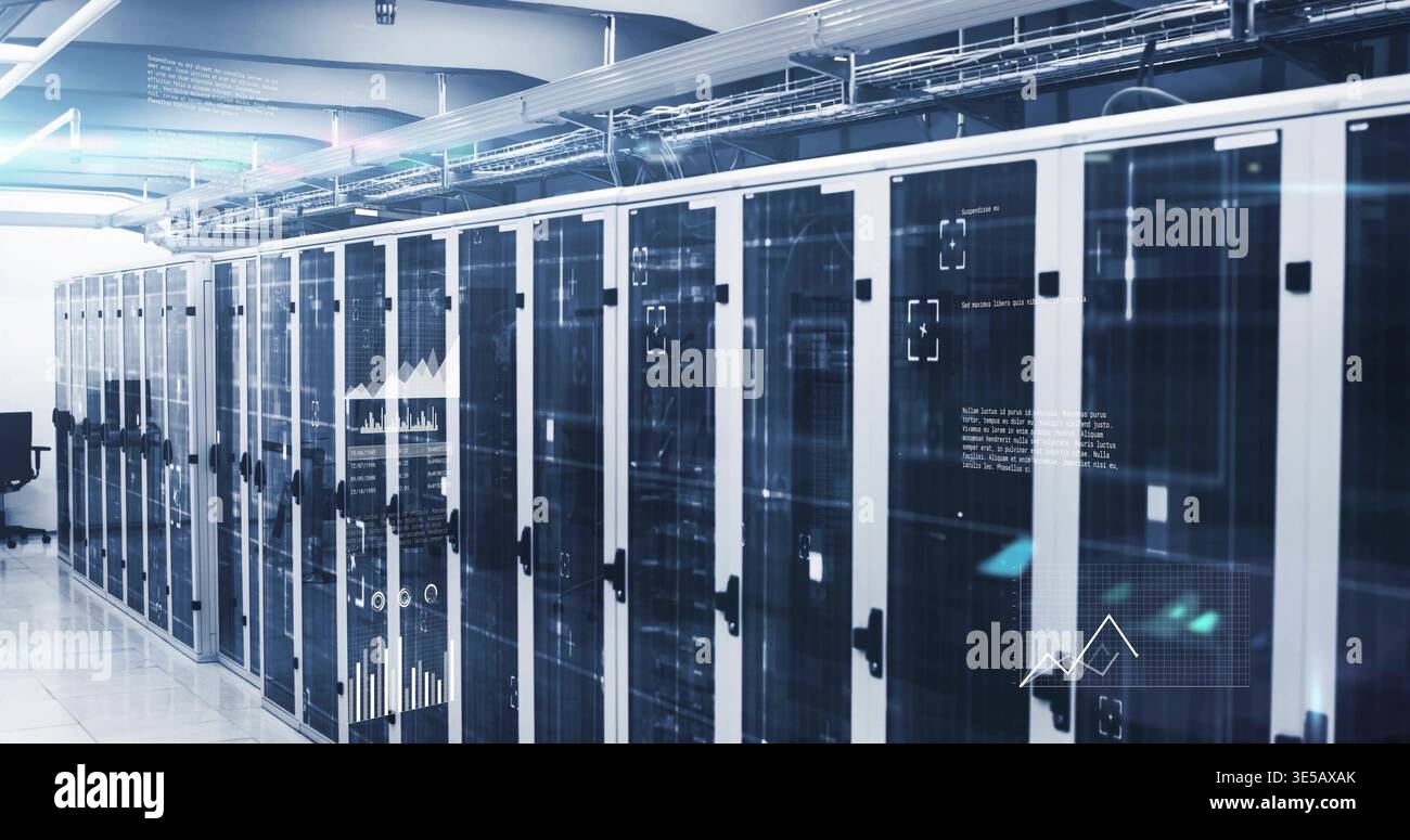Displaying row of glass-front server racks showing overlays and flashing LED lights in server aisle Stock Photo