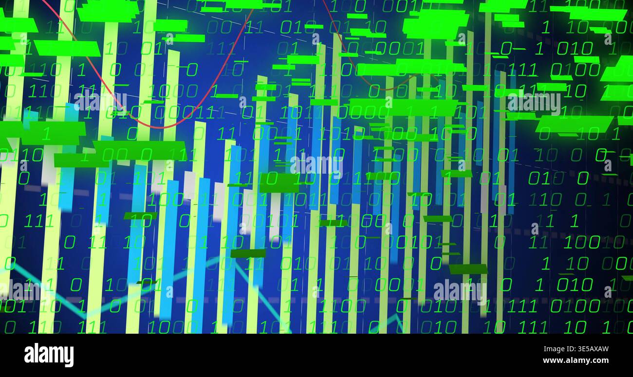 Showing vertical data columns overlaying neon-green binary digits on dashboard, with green markers Stock Photo