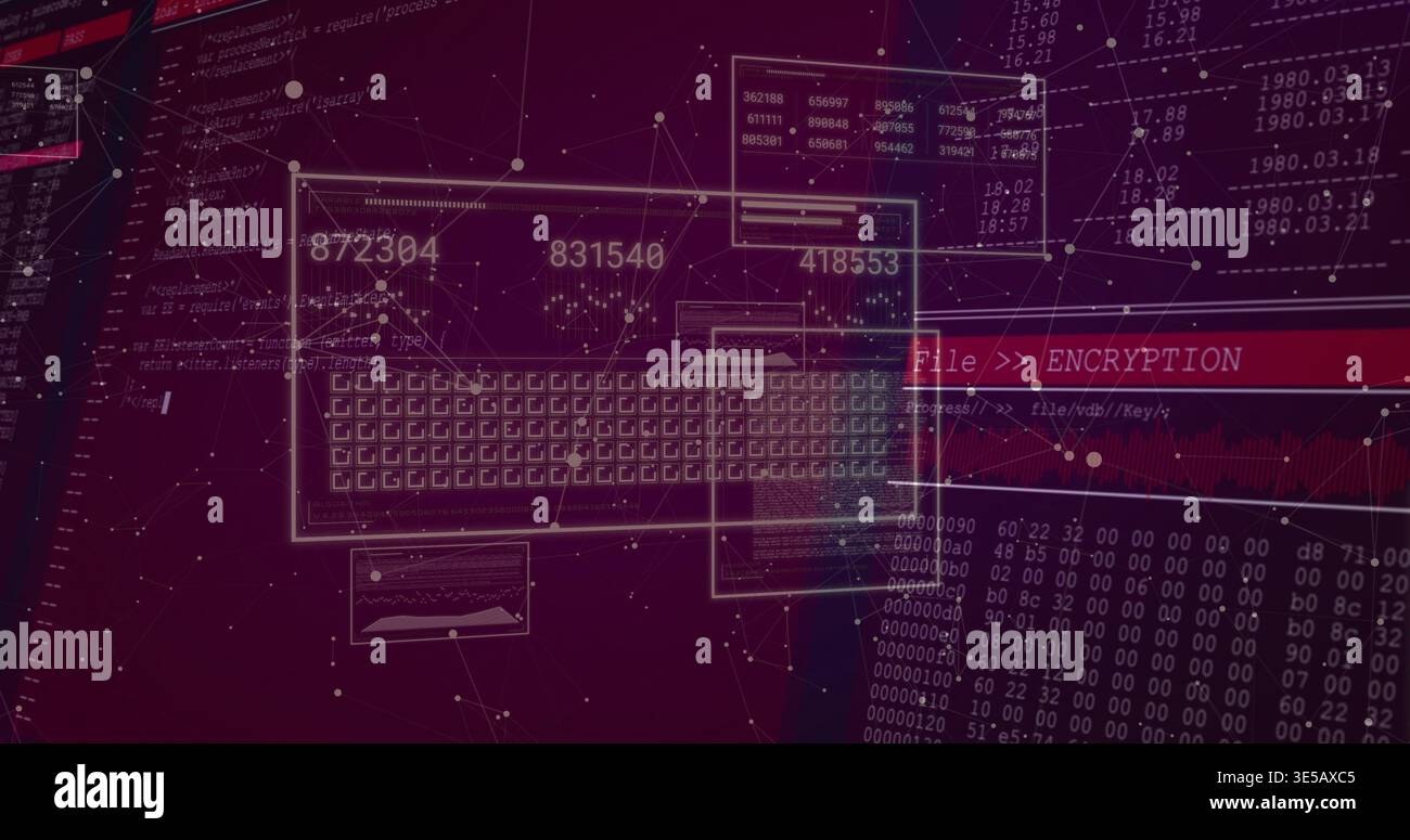 Showing wireframe keyboard centered in data UI, with red File  ENCRYPTION banner, code columns Stock Photo
