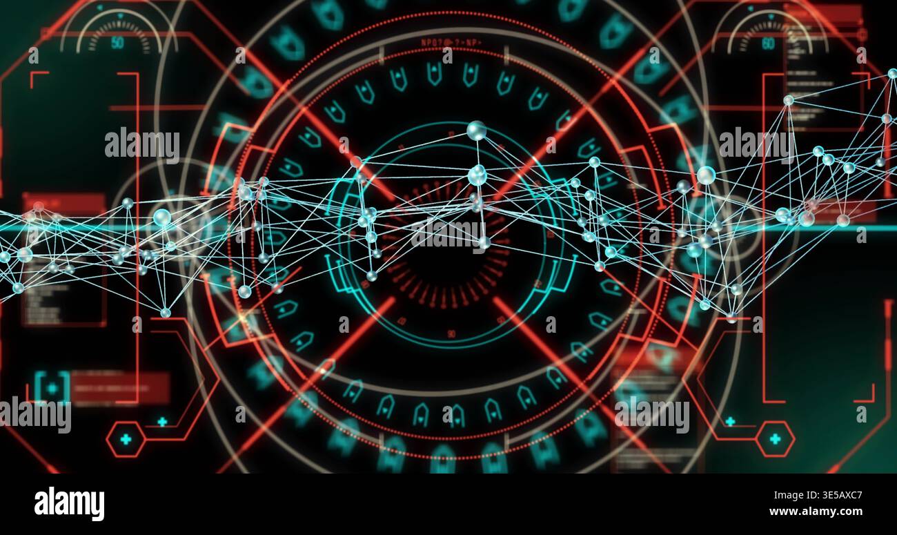 Showing linked node network across virtual HUD, displaying radial rings, hex frames, data panels Stock Photo