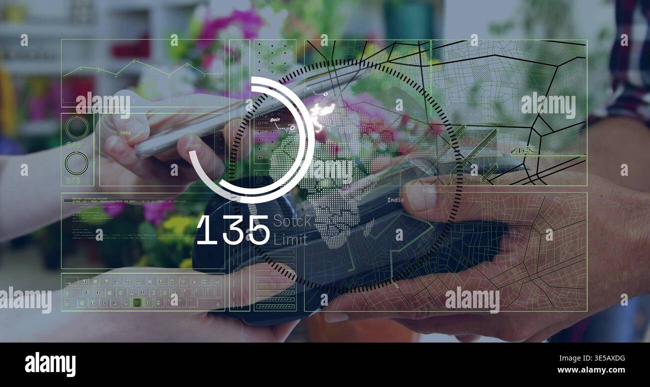Exchanging hands making payment at florist with potted flowers, phone, wallet, plaid sleeve, HUD135 Stock Photo