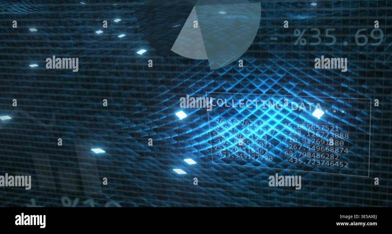 Projecting translucent HUD labeled COLLECTING DATA over glowing mesh plane with floating nodes Stock Photo