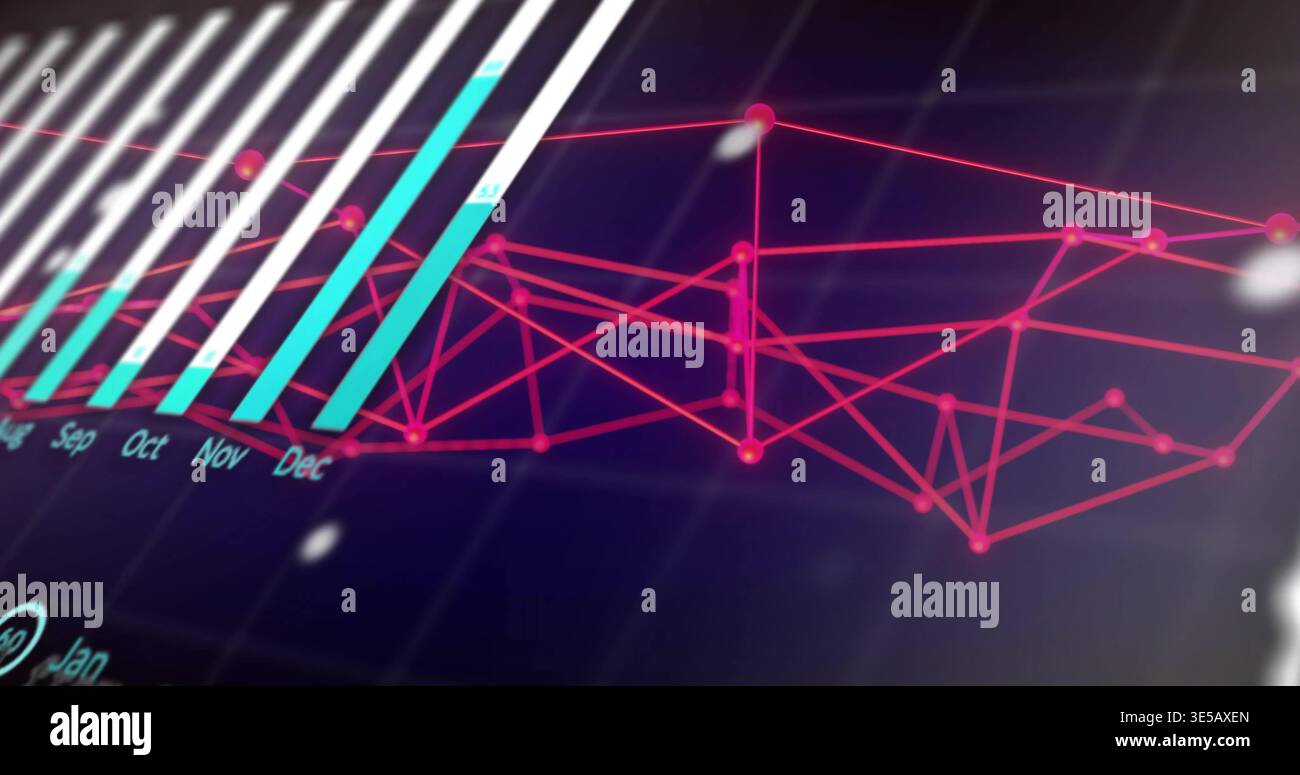 Displaying 3D data visualization object glowing on dashboard, with cyan bars and magenta network Stock Photo