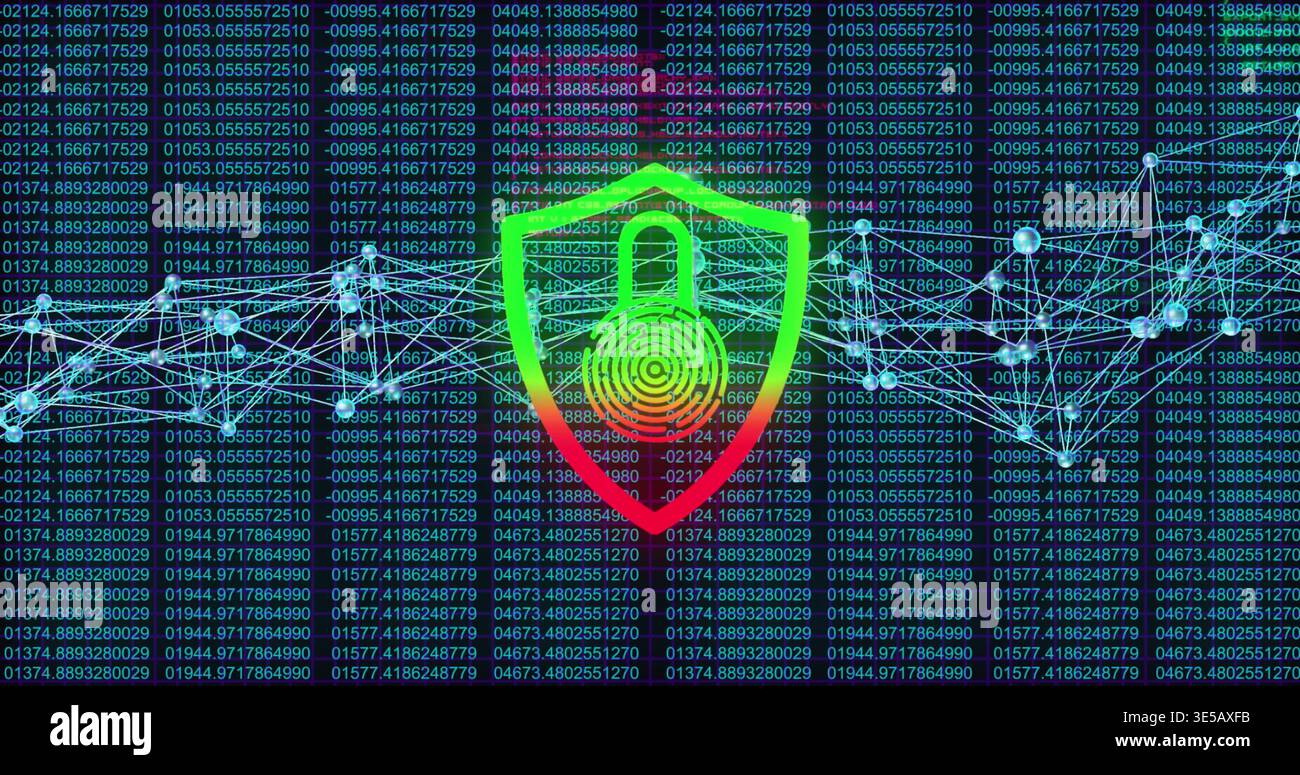 Pulsing shield with padlock and fingerprint hovering over code columns in cyberspace, glowing nodes Stock Photo